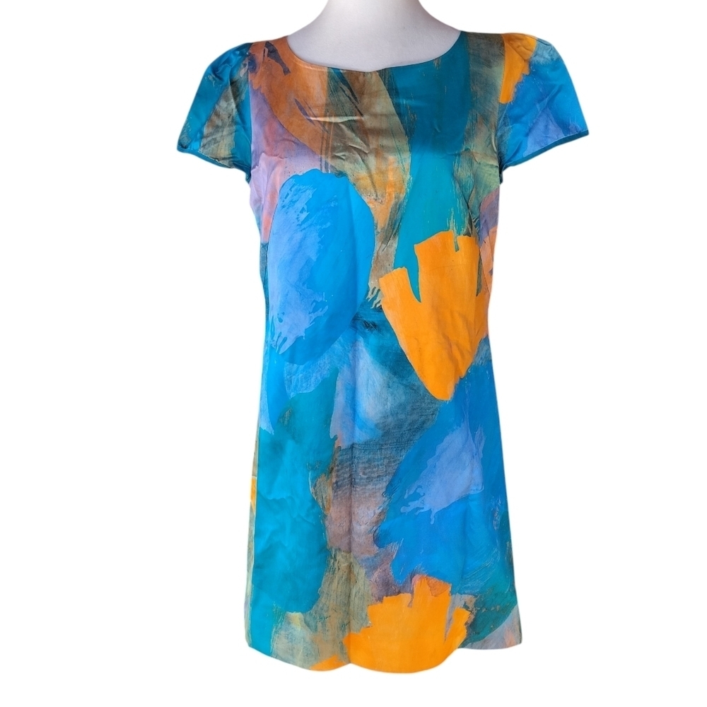 Milly Colorful Abstract Cotton Silk Blend Dress Blue Orange Artsy Size 8